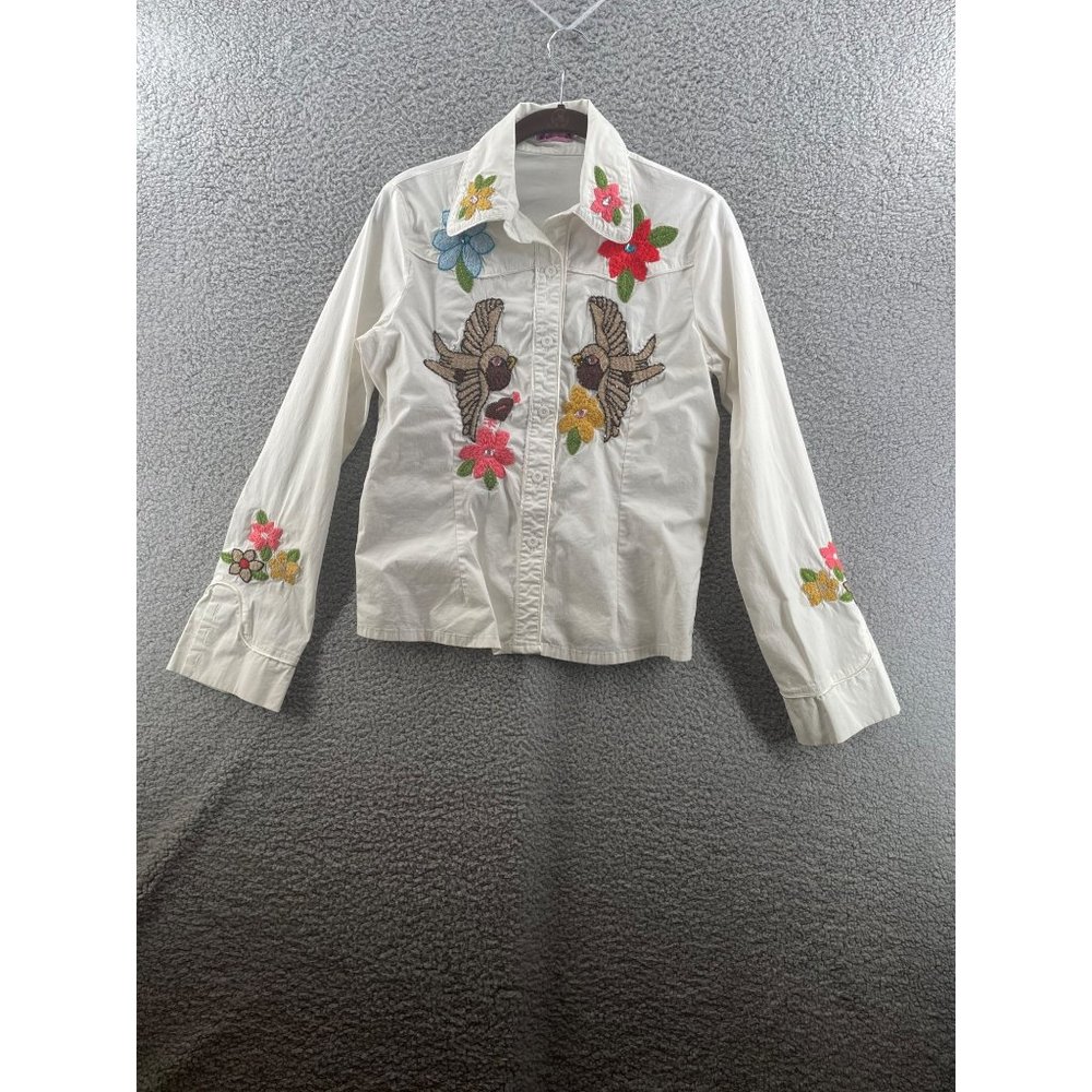 White Embroidered Button-Down Shirt with Bird & Floral Motif